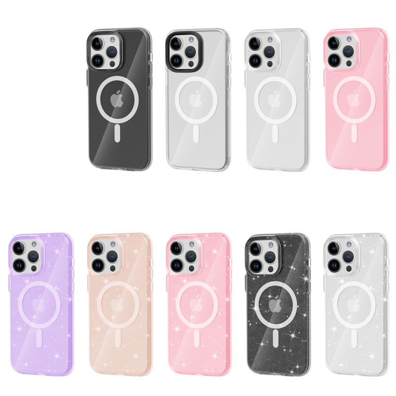 Magnetic hybrid case Camera protector glitter phone case for iPhone 15